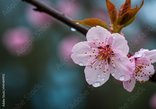 Close-up of a pink flower with water droplets on it. Sakura
