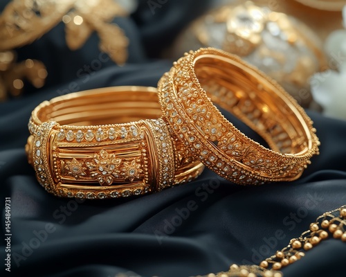 Elegant gold bangles with intricate designs, perfect for showcasing luxurious jewelry.