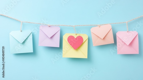 Love letters on string with pastel envelopes and empty cards - minimalist romantic decor with soft colors, sweet aesthetic, artistic expression of love