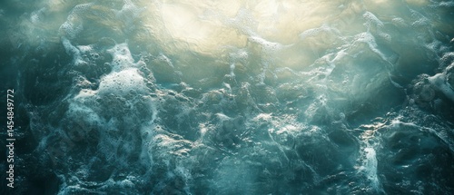 Waves create foamy, turbulent patterns, evoking powerful, dynamic energy.