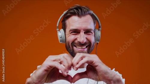 Smiling man with headphones making heart gesture with hands in front of solid orange background