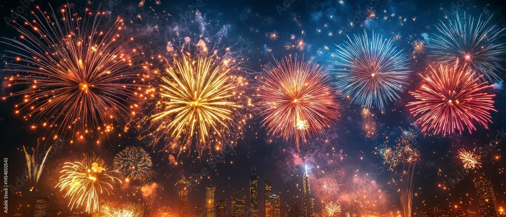 Naklejka premium Fireworks illuminate night sky over city buildings, offering colorful pyrotechnics during festive celebration.
