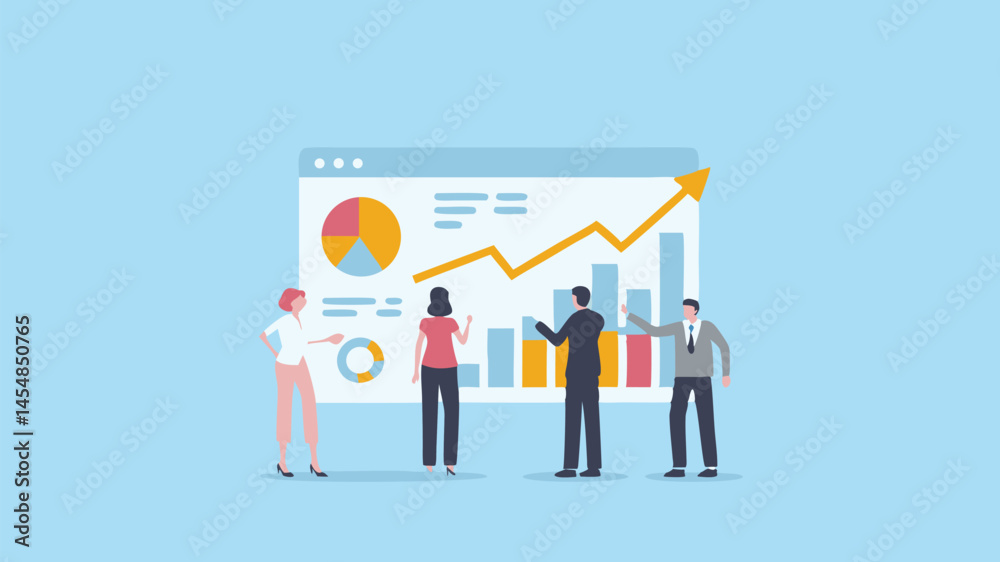 Team analyzing data growth charts progress success strategy meeting planning Team analyzing data growth charts progress success strategy meeting planning