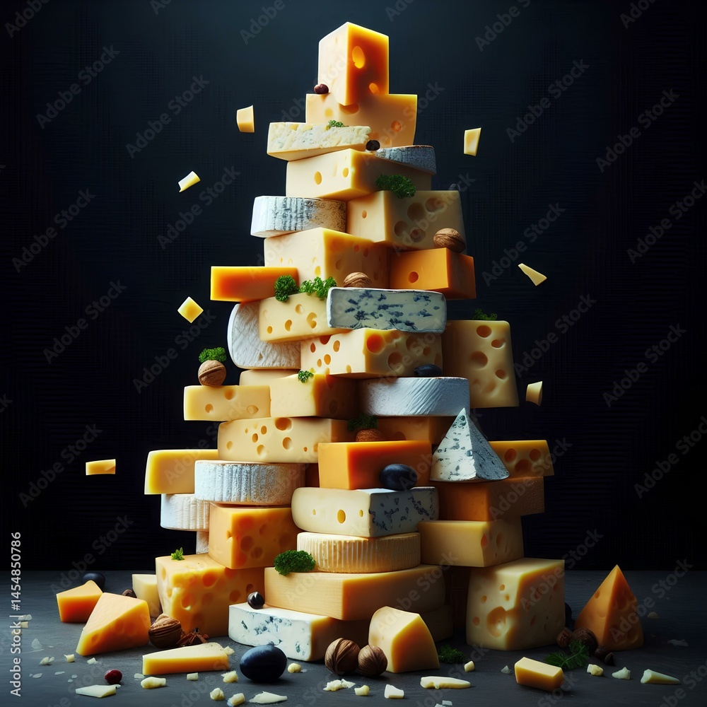 Fototapeta premium Cheese tower made from pieces of different types of hard cheese, as an art object on a black background 