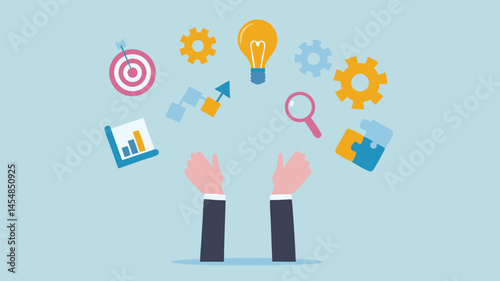 Overwhelmed Businessperson Juggling Ideas Projects and Goals Light Blue