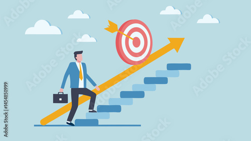 Businessman climbing stairs to success achieving goals upward trajectory growth