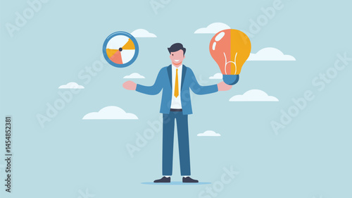 Businessman balancing idea and time strategic planning vector illustration light