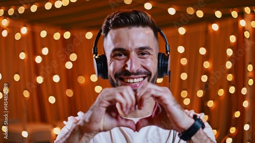 Smiling man with headphones making heart gesture with hands in front of festive string lights background