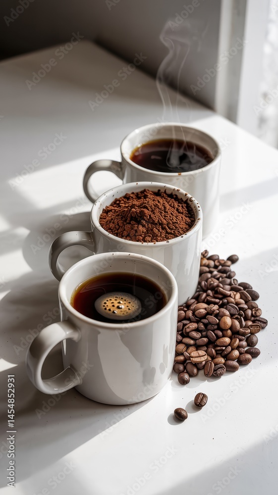 Fototapeta premium Three white mugs filled with hot coffee and beans on countertop in warm light