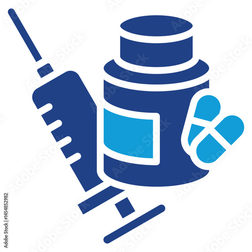 Medication - silhouette dual tone blue fill icon Medical Syringe, Pills, and Medicine Bottle