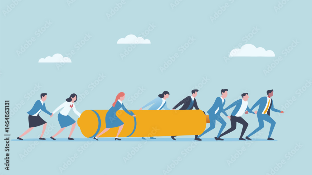 Fototapeta premium Team collaboration pushing a giant pen achieving goals together stylized