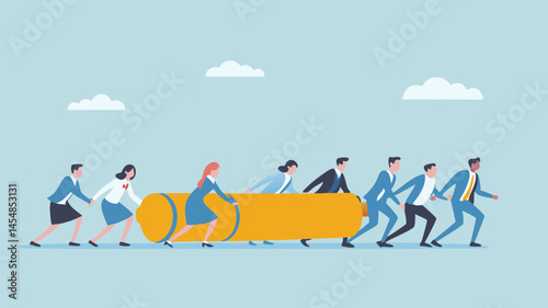 Team collaboration pushing a giant pen achieving goals together stylized