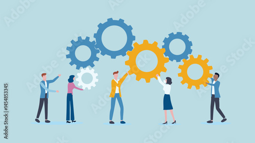 Team collaboration gears synergy success flat design teamwork illustration