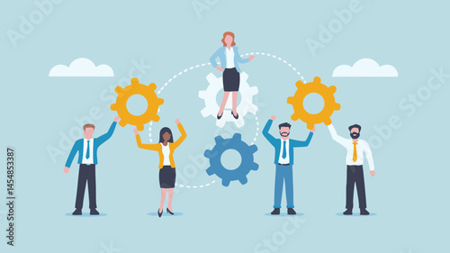Teamwork Diverse team connects gears achieving synergy collaboration success