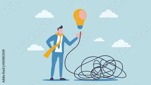 Businessman Unraveling Complex Problem Finding Solution Lightbulb Idea Simple