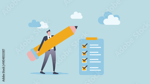 Businessman checks off tasks giant pencil planning checklist success