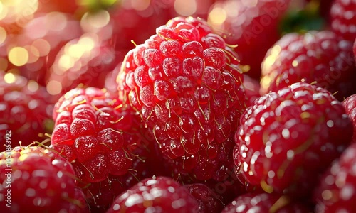 Fresh raspberries glistening in sunlight on a summer day