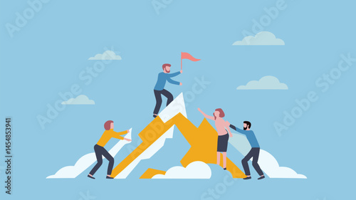 Team reaching summit celebrating success teamwork achievement vector