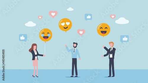 Wallpaper Mural Happy colleagues celebrate success with emoji balloons joyful teamwork light Torontodigital.ca