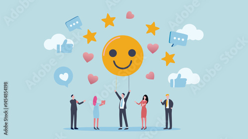 Happy team celebrates success positive feedback joyful smiles vibrant design