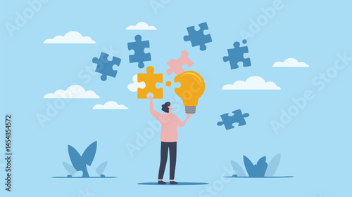Person solving puzzle innovative idea lightbulb moment creative solution blue