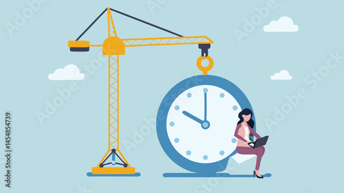 Woman building time deadline project construction clock laptop efficient work