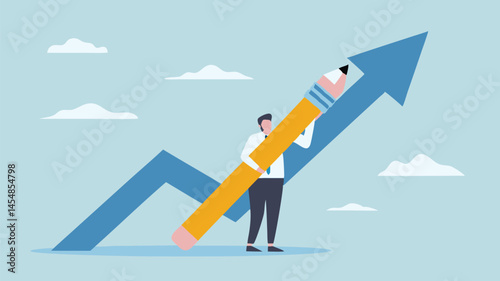 Businessman lifting growth chart with giant pencil achieving success upward