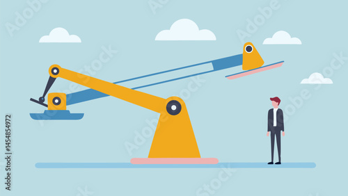 Businessman observes automated robotic arm efficiency future tech simple design