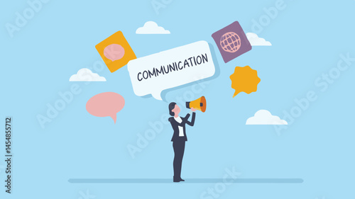 Woman announces communication vital message loud speaker bright sky flat design