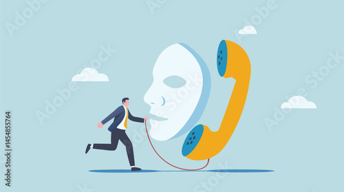 Businessman fleeing with a mask phone anonymity deception secrets urgent call