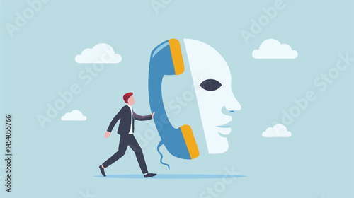 Businessman carries anonymous phone call concealing identity simple vector art