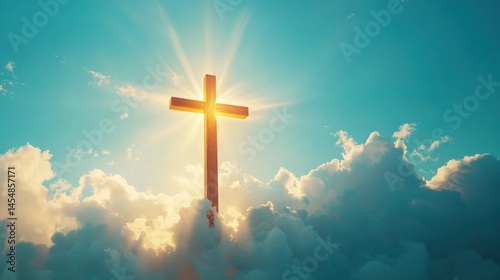 Tall wooden cross illuminated by rays of light against a bright blue sky and fluffy white clouds, symbolizing hope and new beginnings
