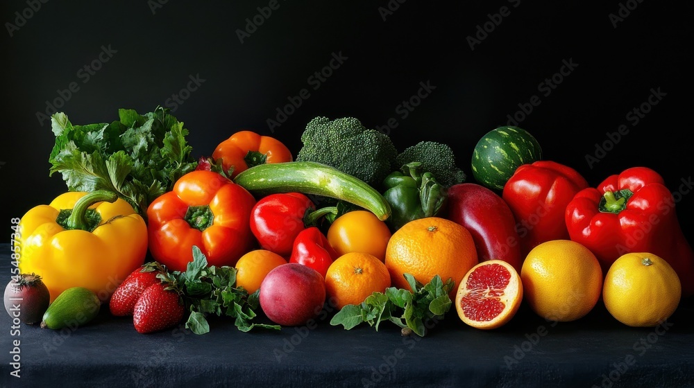 Vibrant photo of assorted fresh fruits and vegetables on display , healthy, produce, organic, market, colorful, assortment Vibrant photo of assorted fresh fruits and vegetables on display , healthy, produce, organic, market, colorful, assortment