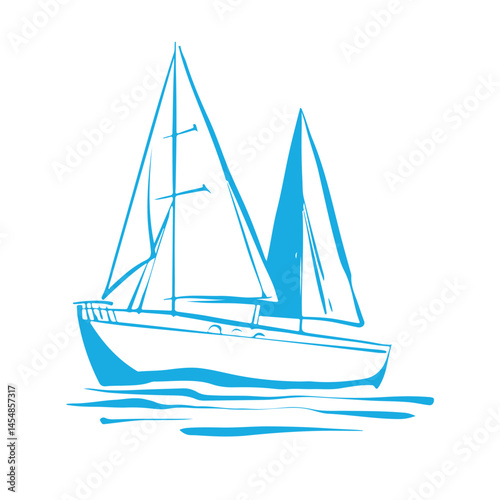 Sailing yacht floats on waves. Small ship for recreation and travel. Outline sketch in blue color. Hand drawing isolated on white background. Vector illustration