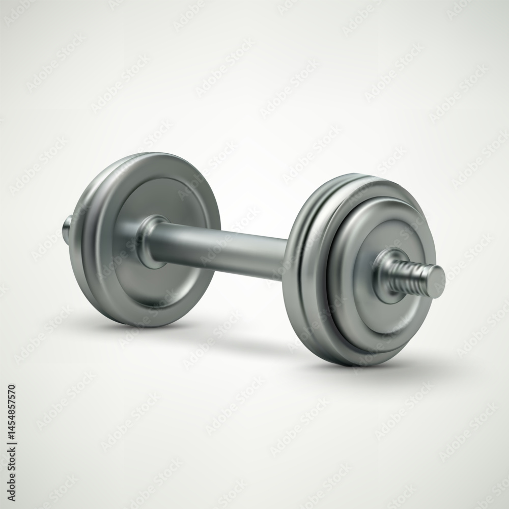 Sports dumbbell 3d realistic vector illustration. Creative concept dumbbell with silver plates on white background. Front view with copy space. Weight barbell vector. Weight sport, training equipment. Sports dumbbell 3d realistic vector illustration. Creative concept dumbbell with silver plates on white background. Front view with copy space. Weight barbell vector. Weight sport, training equipment.
