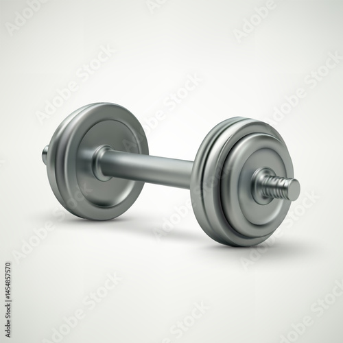 Sports dumbbell 3d realistic vector illustration. Creative concept dumbbell with silver plates on white background. Front view with copy space. Weight barbell vector. Weight sport, training equipment.