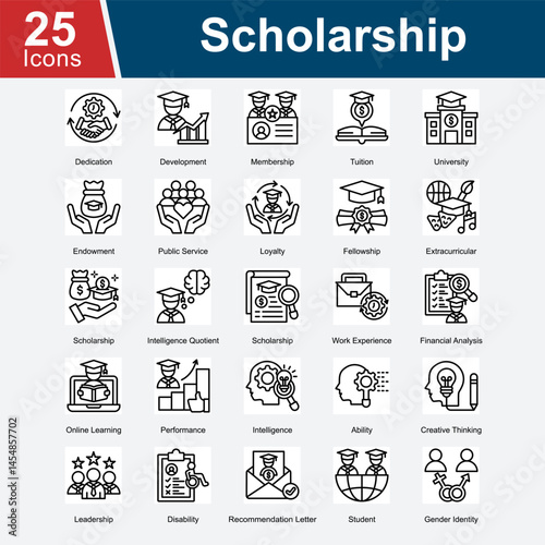 Scholarship represents icons focused on educational support, academic achievements, and opportunities for students, including financial aid, development programs, extracurricular activities.