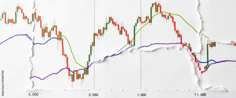 Obraz premium Torn financial document showing crisis chart patterns, economic downturn