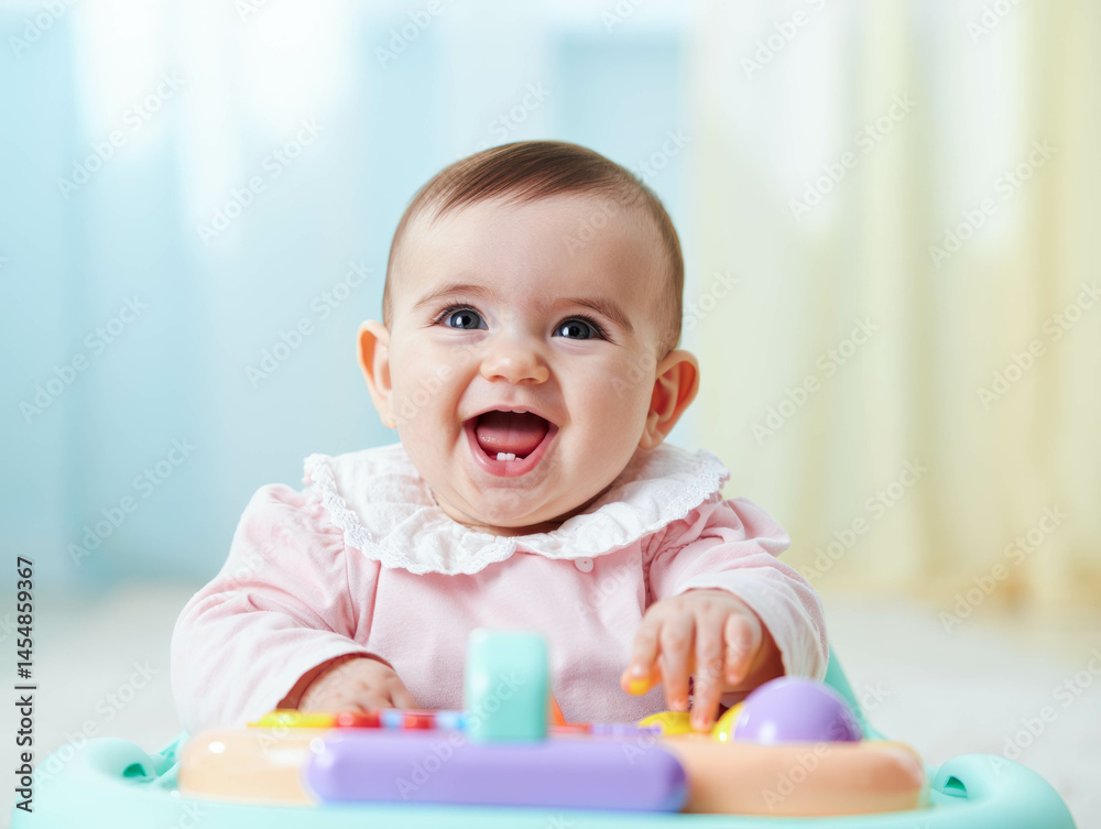 Happy baby sitting on a colorful rug in a bright nursery. Happy childhood, joy, first teeth, baby development, playing at home, nursery, kindness, carefree, early age. Happy baby sitting on a colorful rug in a bright nursery. Happy childhood, joy, first teeth, baby development, playing at home, nursery, kindness, carefree, early age.