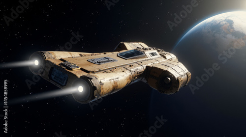 Worn out extraterrestrial spacecraft flying to the planet in space