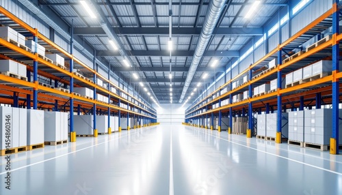 Bright Modern Warehouse Interior with Shelves and Clean Floor Space