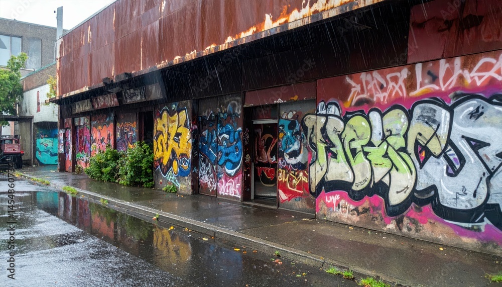 Fototapeta premium Urban Rainy Day with Colorful Street Art and Reflections on Pavement