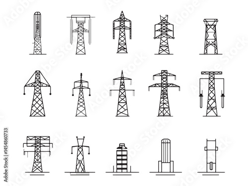 Modern Power Station Network Infrastructure Illustration in Line Art