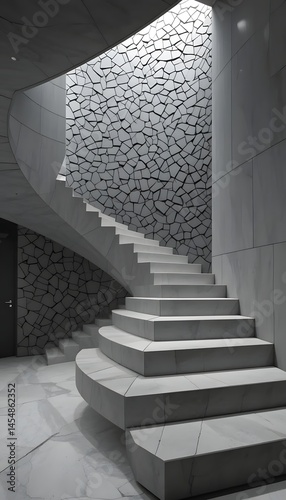 Modern Minimalist Staircase with Abstract Mosaic Wall