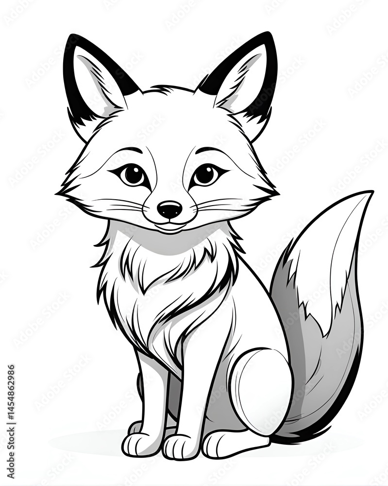 Fototapeta premium Fox coloring page for kids printable: cute cartoon fox outline drawing for children