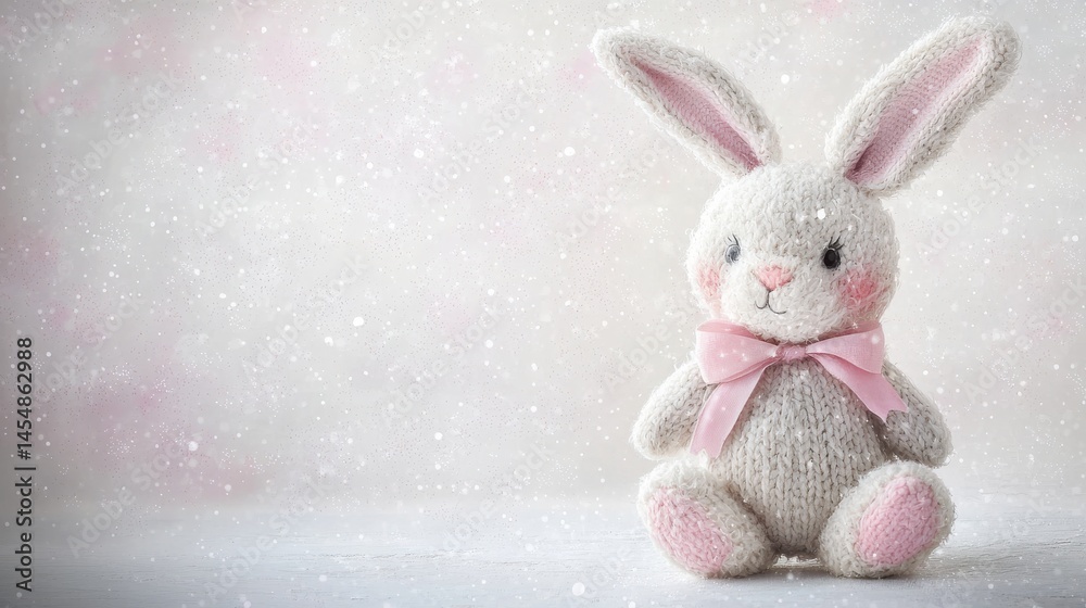 Obraz premium Soft and Adorable Bunny Toy with Pink Bow on a Snowy Background