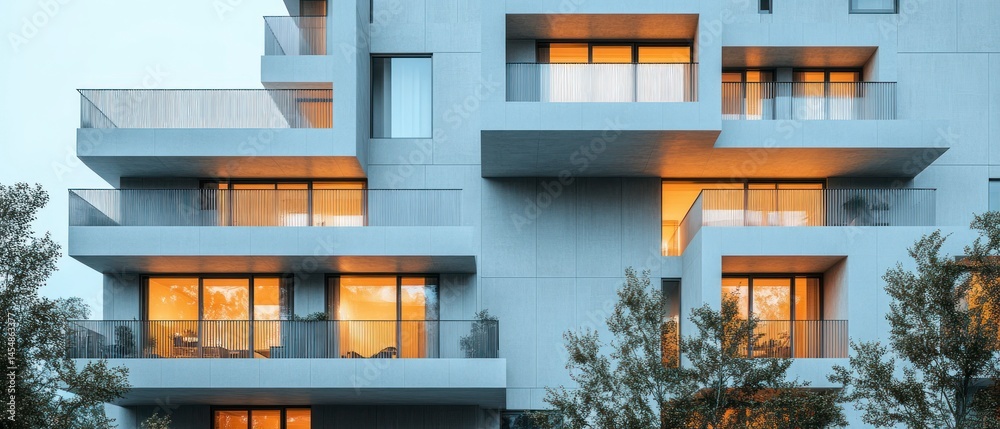 Fototapeta premium Modern apartment building exhibits striking concrete facade with multiple projecting balconies under soft daylight.