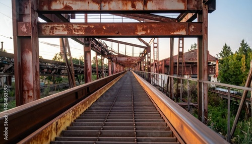 Rusty Industrial Structure with Railway Tracks Under Golden Hour Light