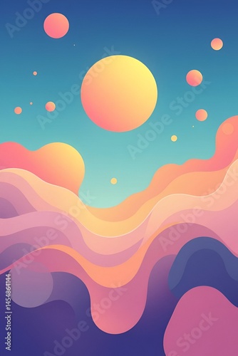 Surreal abstract landscape with soft color waves (purple, pink, orange) and floating spheres in a blue sky. 