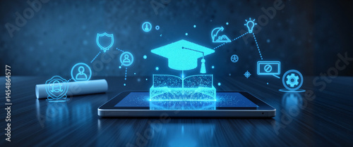 Digital graduation certificate displayed on tablet, educational achievement